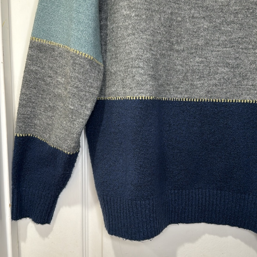 H Halston mock neck sweater, blue and gray striped with gold detail, size L - Picture 10 of 14